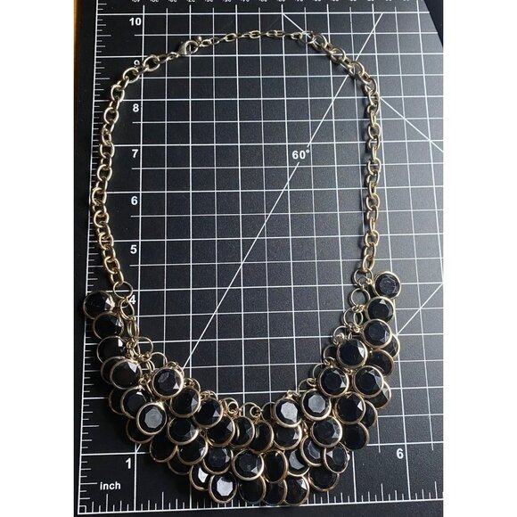 Black Faceted Acrylic Bib Necklace Muted Gold Tone Statement Color Layer 20+2" - Picture 6 of 6